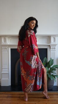 Burgundy Silk Blend Kimono Dressing Gown, 4 of 5