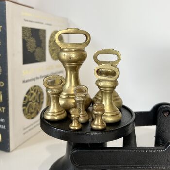 Vintage Salter Staffordshire Cast Iron Kitchen Scales With Brass Weights, 4 of 5