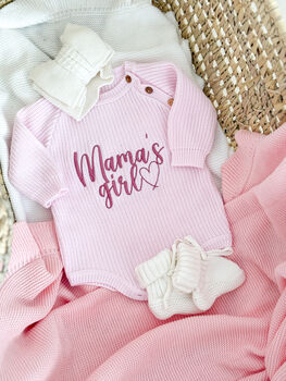 Mama's Girl/Boy Or Daddy's Girl/Boy Embroidered Baby Long Sleeve Knitted Romper, 6 of 12