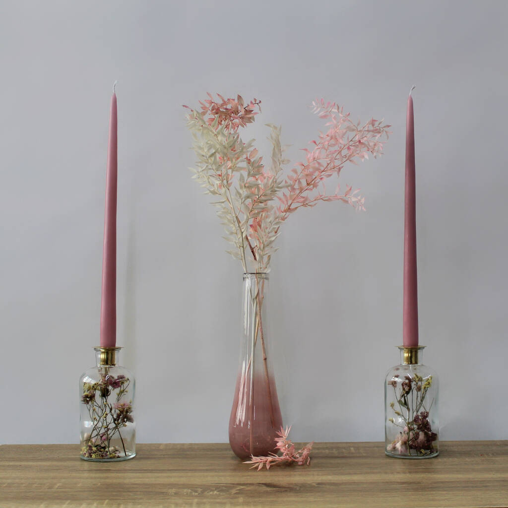 Dried Flower Candlesticks Set With Taper Candles By The Flower