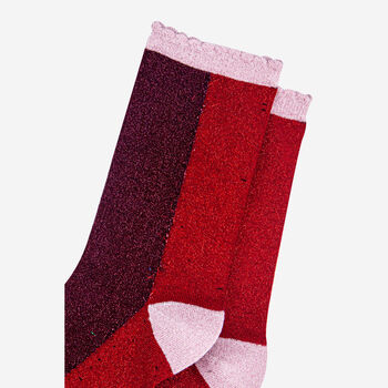 Women's Glitter Socks Burgundy Red Colour Block, 3 of 3