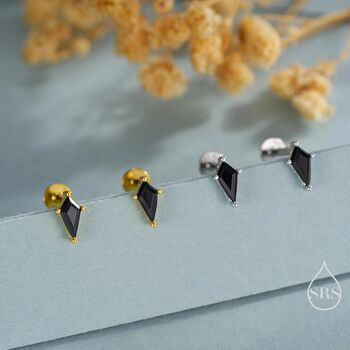 Black Cz Rhombus Flat Back Earrings In Sterling Silver, 3 of 10