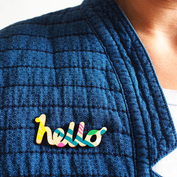 Hand Painted Wooden Hello Brooch, 7 of 8