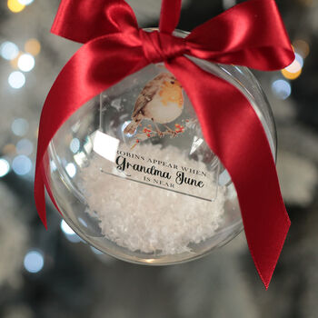 Robins Appear Snowy Acrylic Memorial Christmas Tree Bauble Decoration, 2 of 7