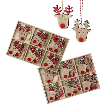 Wooden Christmas Reindeer Hanging Tree Decorations Set Of 12, 2 of 4