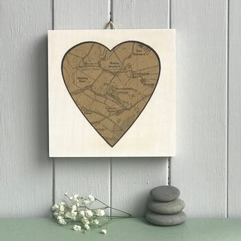 Silver / Gold Wedding Heart Shaped Map Print On Wood, 3 of 10