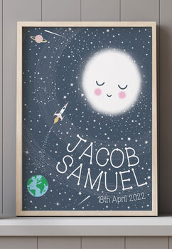 Personalised New Baby Moon And Stars Space Print, 3 of 6