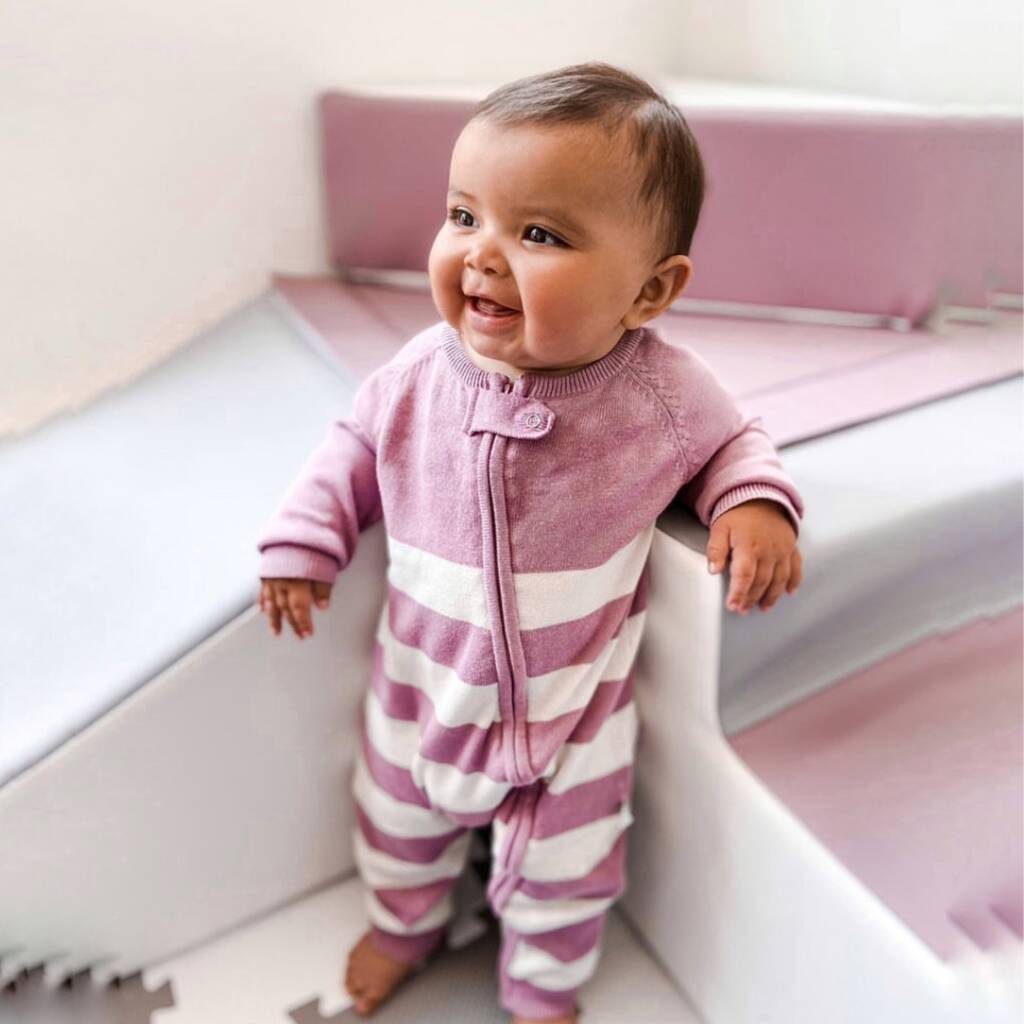 Plum Pink Knitted Striped Zip Up Onesie, 1 of 2