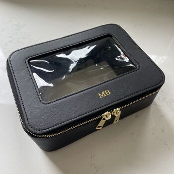 Personalised Embossed Black Saffiano Leather Clear Panel Makeup Case, 3 of 7