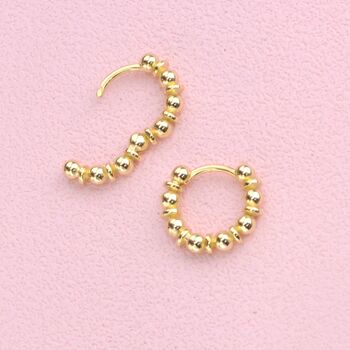 Gold Chunky Beaded Huggie Hoop Earrings, 2 of 7