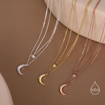 Sterling Silver Two Layer Crescent Moon And Star Pendant Necklace, 8 of 12