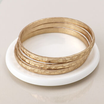 Set Of Three Gold Plated Hammered Bangle Bracelet Stack, 3 of 5