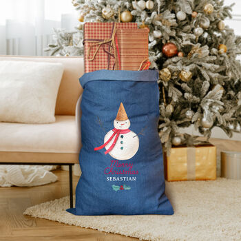 Personalised Denim Christmas Sack With Snowman, 2 of 5