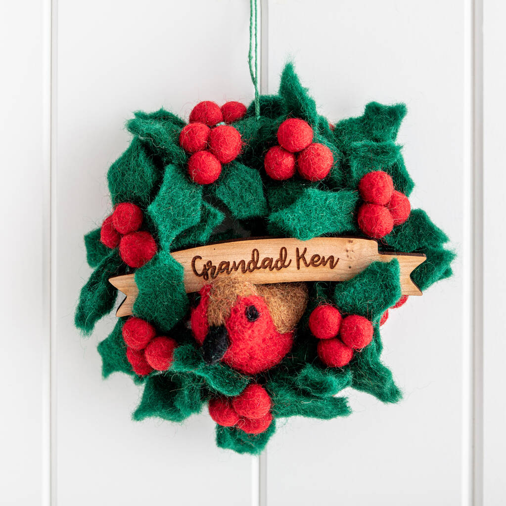 Personalised Felt Robin In Wreath Christmas Decoration, 1 of 5
