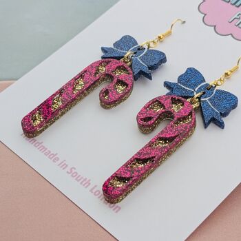 Candy Cane Glitter Resin Christmas Earrings Red And White, Pink And Blue, 7 of 8