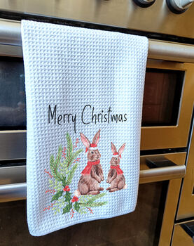 Personalised Christmas Rabbit Tea Towel, 4 of 4
