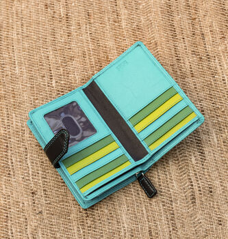 Turquoise Multi Colour Leather Purse Wallet Rfid, 9 of 11