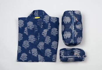 Fan Flower Pattern Indigo Cotton Wash Bag, 7 of 10