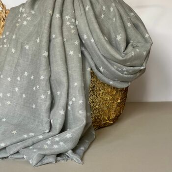 Medium Grey Scarf With Gold Small Moon And Stars Print, 2 of 2