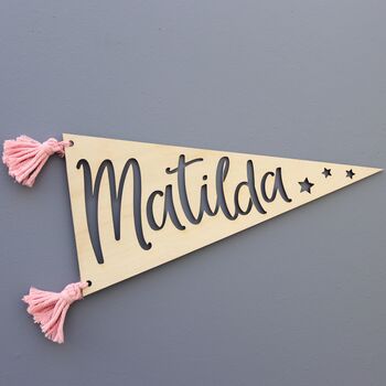 Personalised Wooden Name Pennant Flag With Tassles, 4 of 4