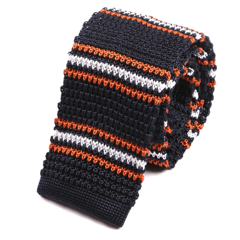Navy Blue And Orange Striped Iv Silk Knitted Tie, 1 of 3