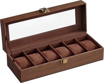 Six Slots Brown Watch Box Case With Glass Lid, 7 of 7