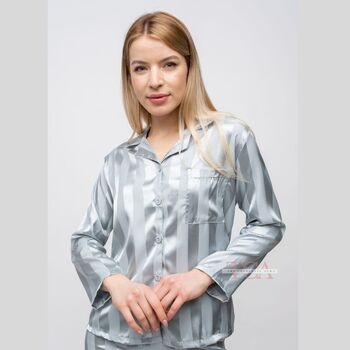 Beige Stripe Satin Women's Silk Sleepwear Pyjama Set, 3 of 12
