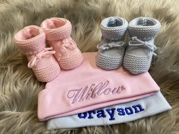 Personalised Newborn Hat And Booties Gift Set, 2 of 7