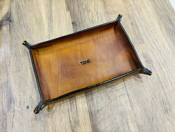 Personalised Rectangle Burnt Tan Leather Desk Tray, 9 of 12