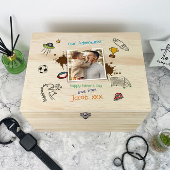 Personalised 'Our Adventures' Kids Doodles Pine Memory Box Five Sizes 16cm | 20cm | 26cm | 30cm | 36cm, 4 of 12