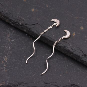 Sterling Silver Dainty Crescent Moon Threader Earrings, 4 of 11