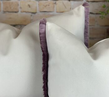 Velvet Optic White With Lilac Pink Fringe Cushion, 6 of 10