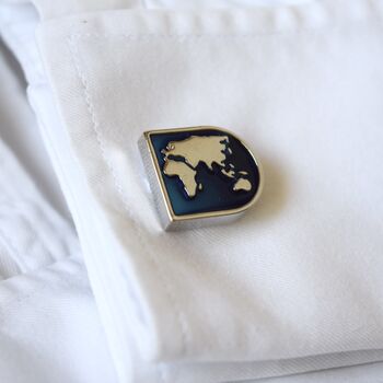 World Map Globe Cufflinks Gift For Travellers 316 L Stainless Steel Enamel Design, 2 of 5