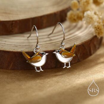 Sterling Silver Wren Bird Drop Hook Earrings Earrings, 2 of 11