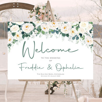 Wedding Welcome Sign White And Dark Green Floral, 2 of 7
