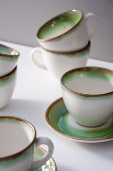 Green Set Of Six Handmade Porcelain Tea Cup With Saucer, 12 of 12
