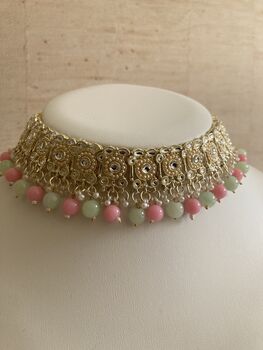 Green And Pink Pearl Lightweight Gold Plated Indian Set, 7 of 9