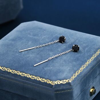 Sterling Silver Black Diamond Cz Threader Earrings, 3 of 10