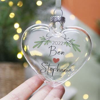 Couples Personalised Mistletoe Glass Christmas Bauble, 7 of 8