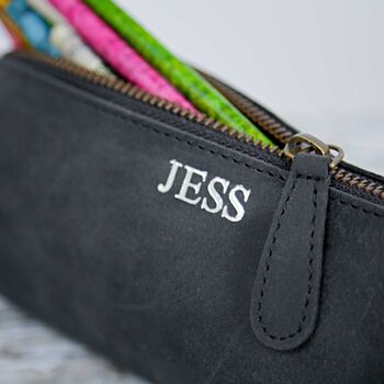 Personalised Black Buffalo Leather Round Pencil Case, 2 of 6