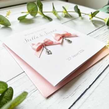 Handmade New Baby Card. Satin Bow With Charm. Twins, 3 of 12