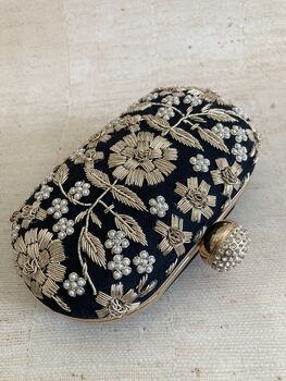 Black Handcrafted Embroidered Pearl Oval Clutch Bag, 9 of 10