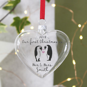 First Married Christmas Penguin Glass Bauble, 3 of 4