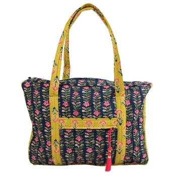 Block Printed Navy Blue, Mustard And Pink Lily Quilted Bag, 6 of 7
