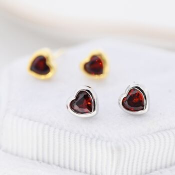 Tiny Garnet Red Cz Heart Stud Earrings, 5 of 12