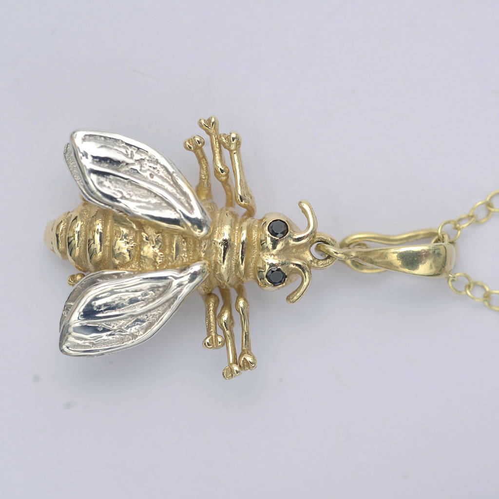 Bee Necklace In Solid Gold With Black Diamonds By Simon Kemp Jewellers
