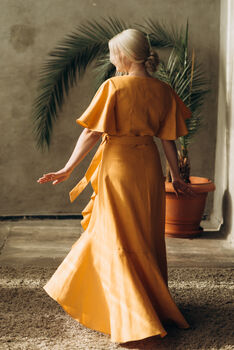Long Bohemian Wrap Linen Dress With Frill Details, 6 of 12