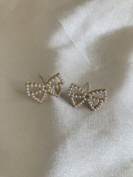 Gold Bow Knot Pearl Stud Earrings, 4 of 5