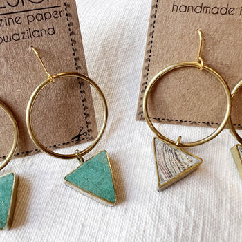 Fair Trade Recycled Paper Drop Hoop Triangle Earrings, 5 of 12