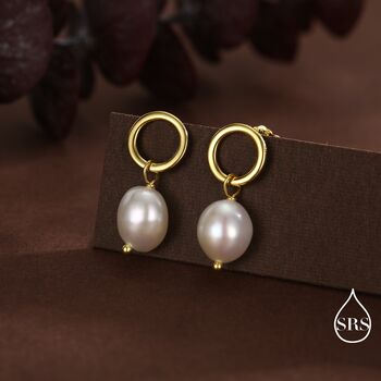 Sterling Silver Circle With Dangling Baroque Pearl Drop Stud Earrings, 7 of 12